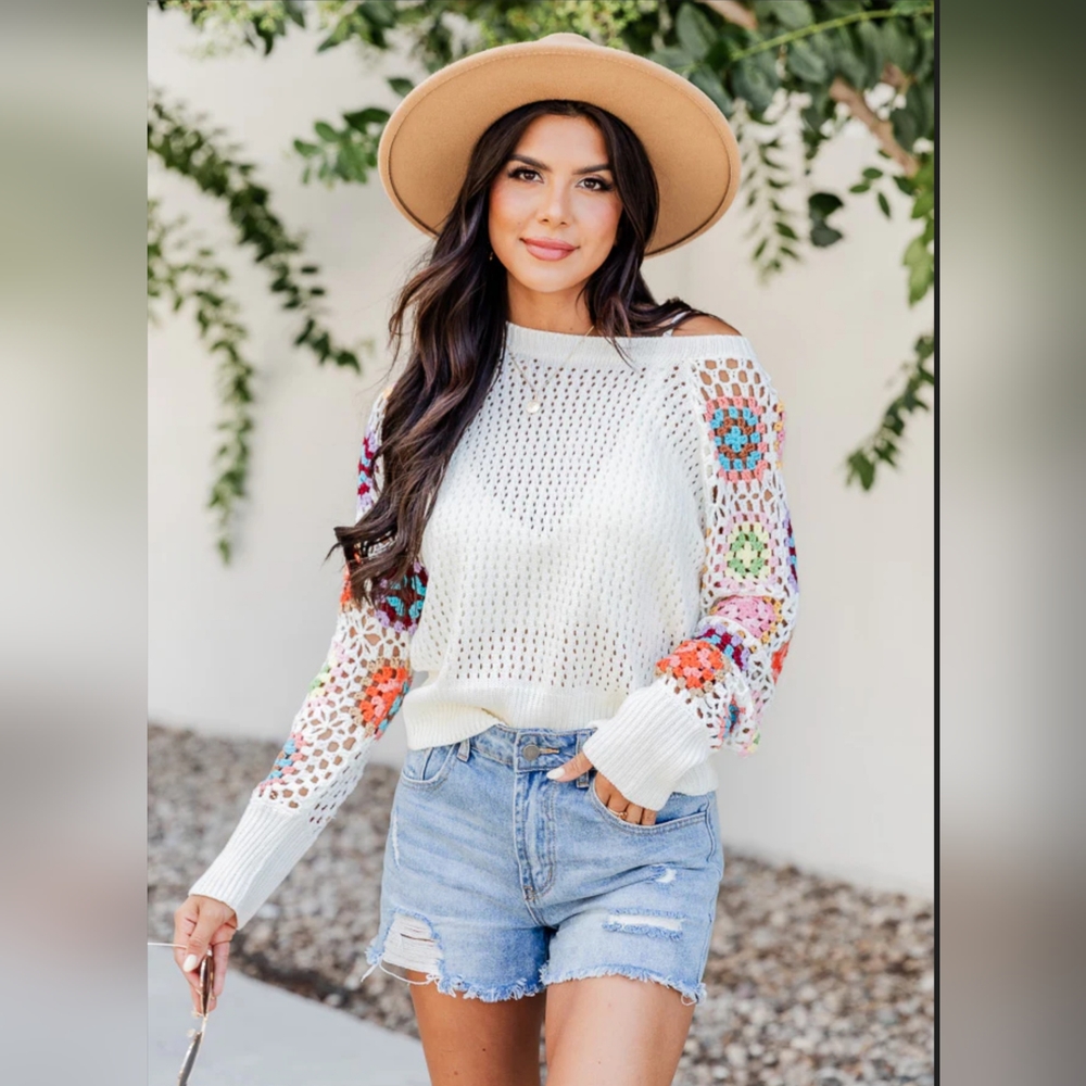 Pink Lily Off-the-Shoulder Sweater with Multicolor Sleeves